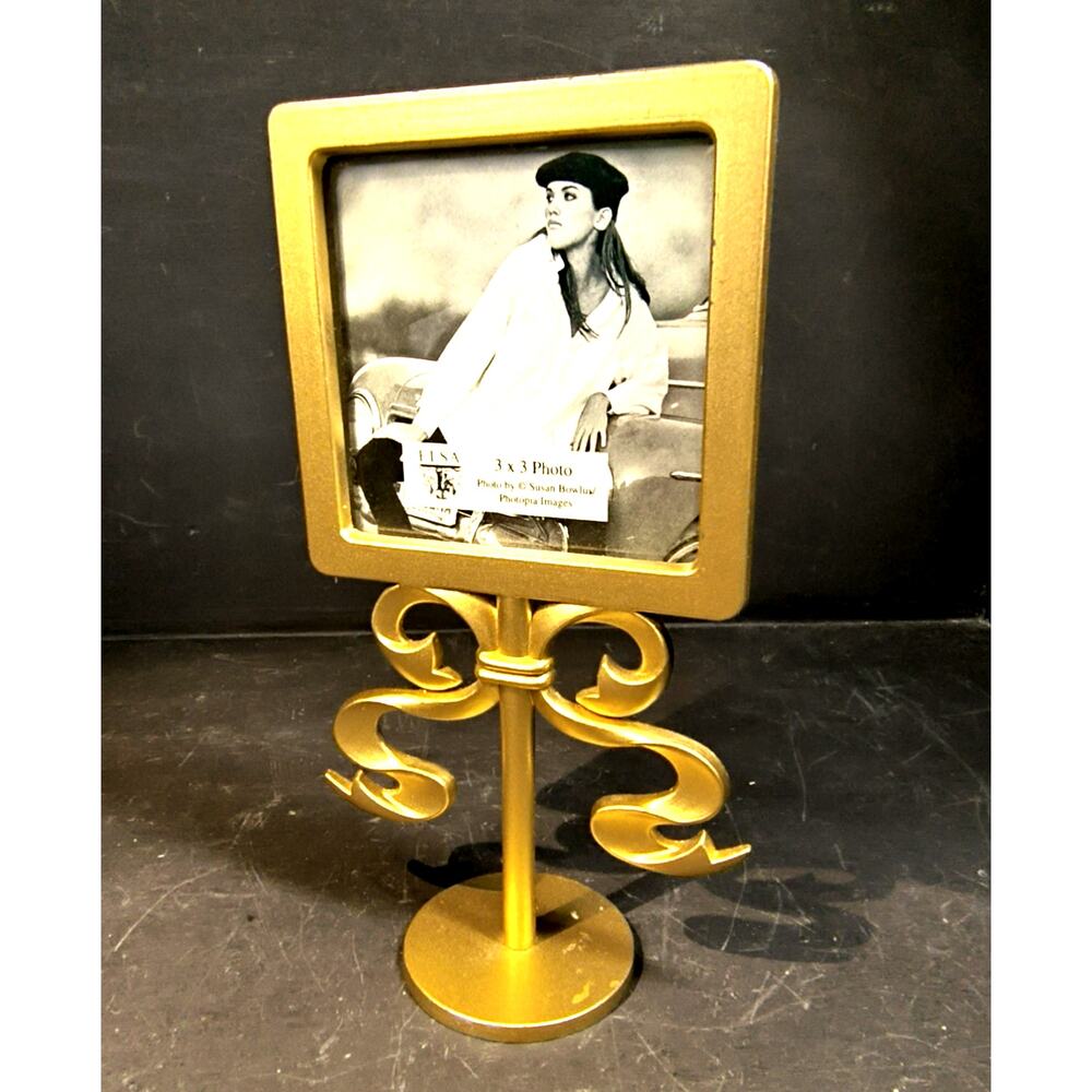 2230. Gold Tone Metal Pedestal Tabletop Picture Frame Elsa Hollywood Regency